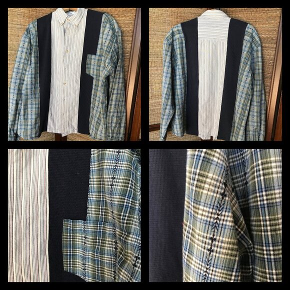 Mixed Prints Button-Down Shirt, Size L to XL: Upcycled Unisex Patchwork Boho Top - Picture 15 of 15